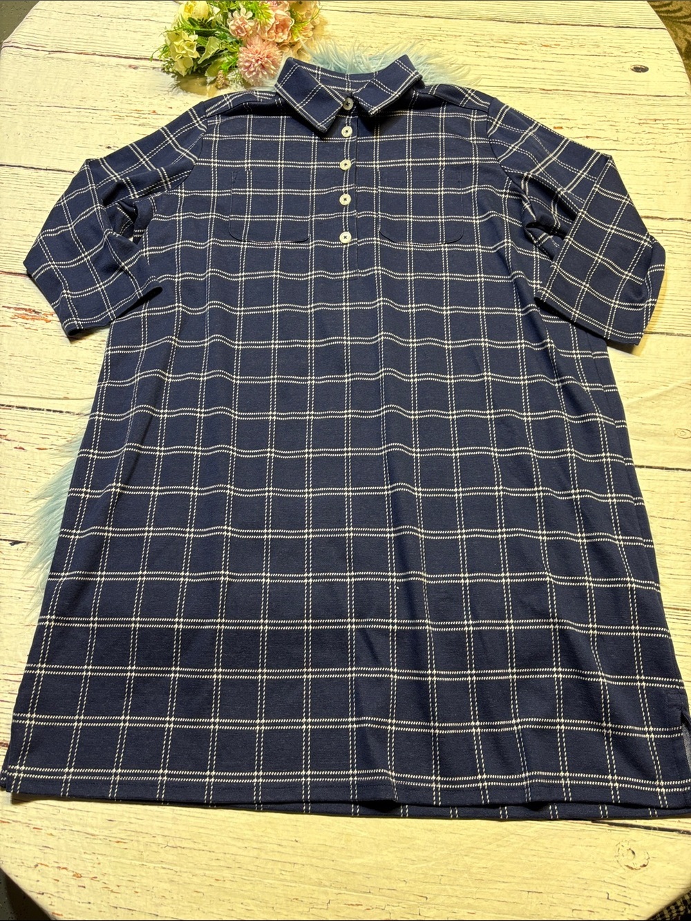 Lands' End Navy Windowpane Polo Dress Shirt sz 1X